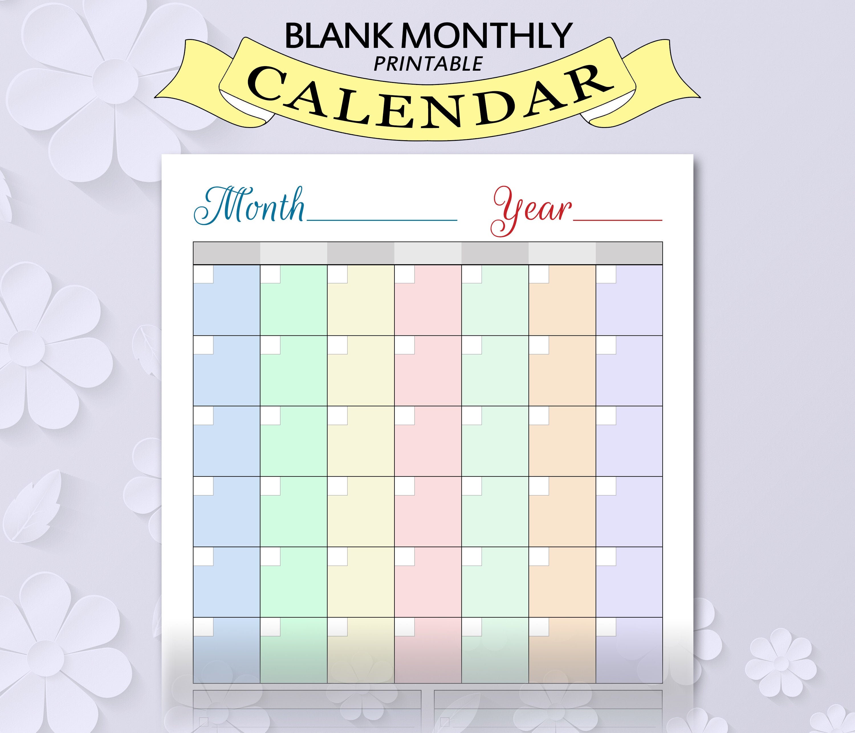 Colored BLANK Calendar Printable, Blank Perpetual Calendar, Undated ...
