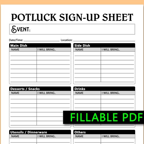 Thanksgiving Printable Potluck Sign-up Sheet 8.5x11 Fillable - Etsy