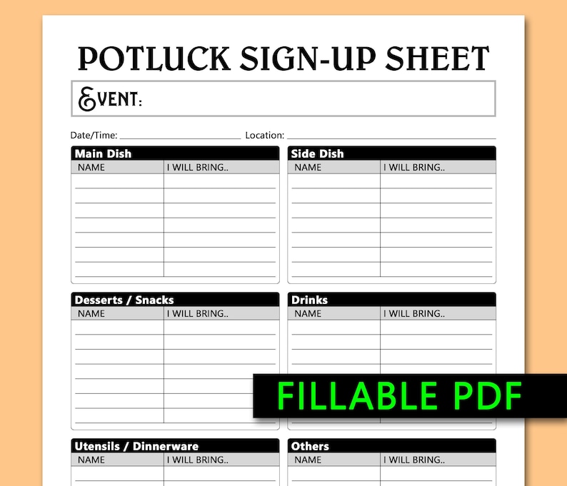 Potluck Sign up Sheet Printable Fillable PDF, Dinner Party Signup ...