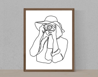 Continuous Line Drawing Family, Woman Single Line Art Poster, Photographer Gift for Women, DSLR Digital Camera, Court Reporter Art Gifts