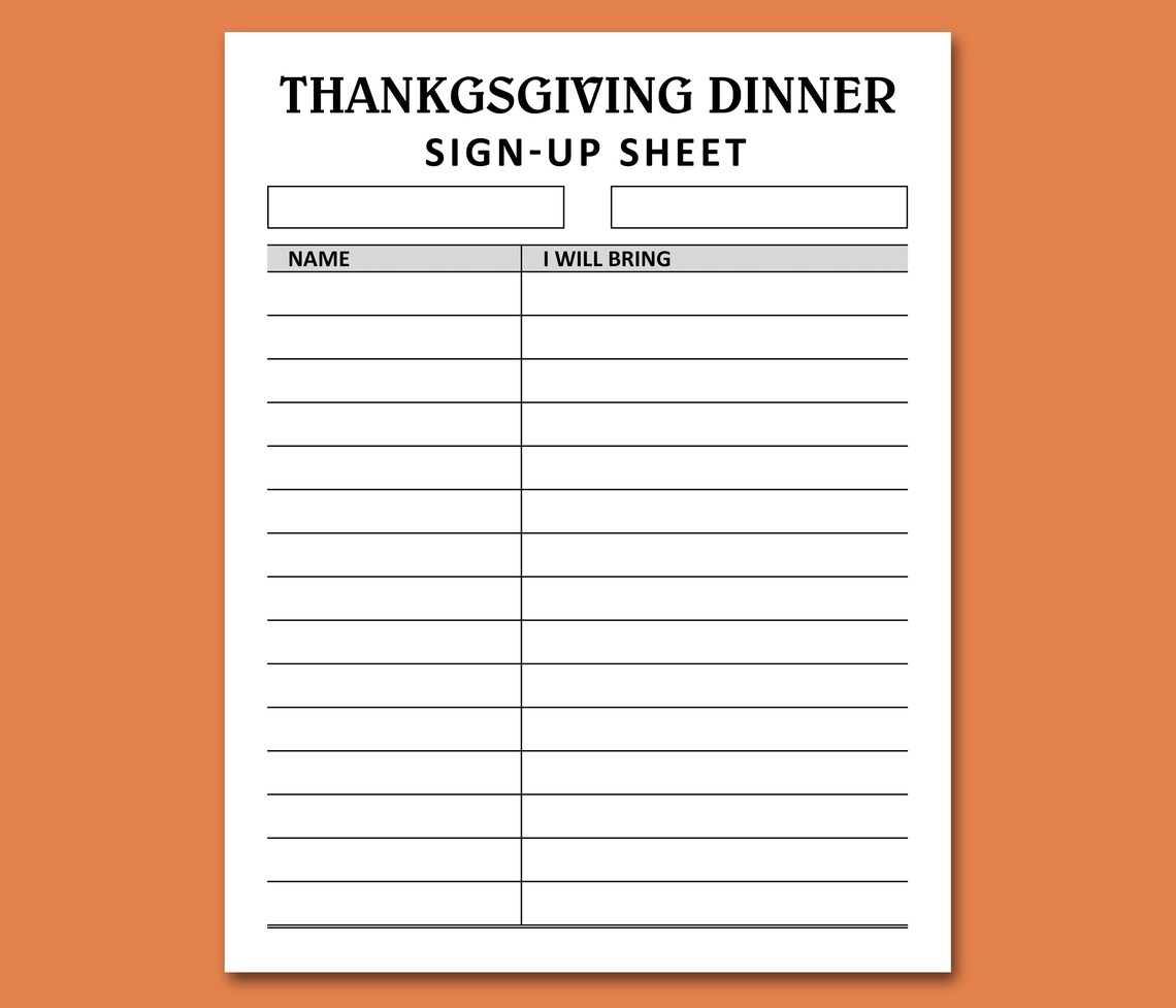 Thanksgiving Dinner Sign Up Sheet Printable Holiday Potluck Brunch 