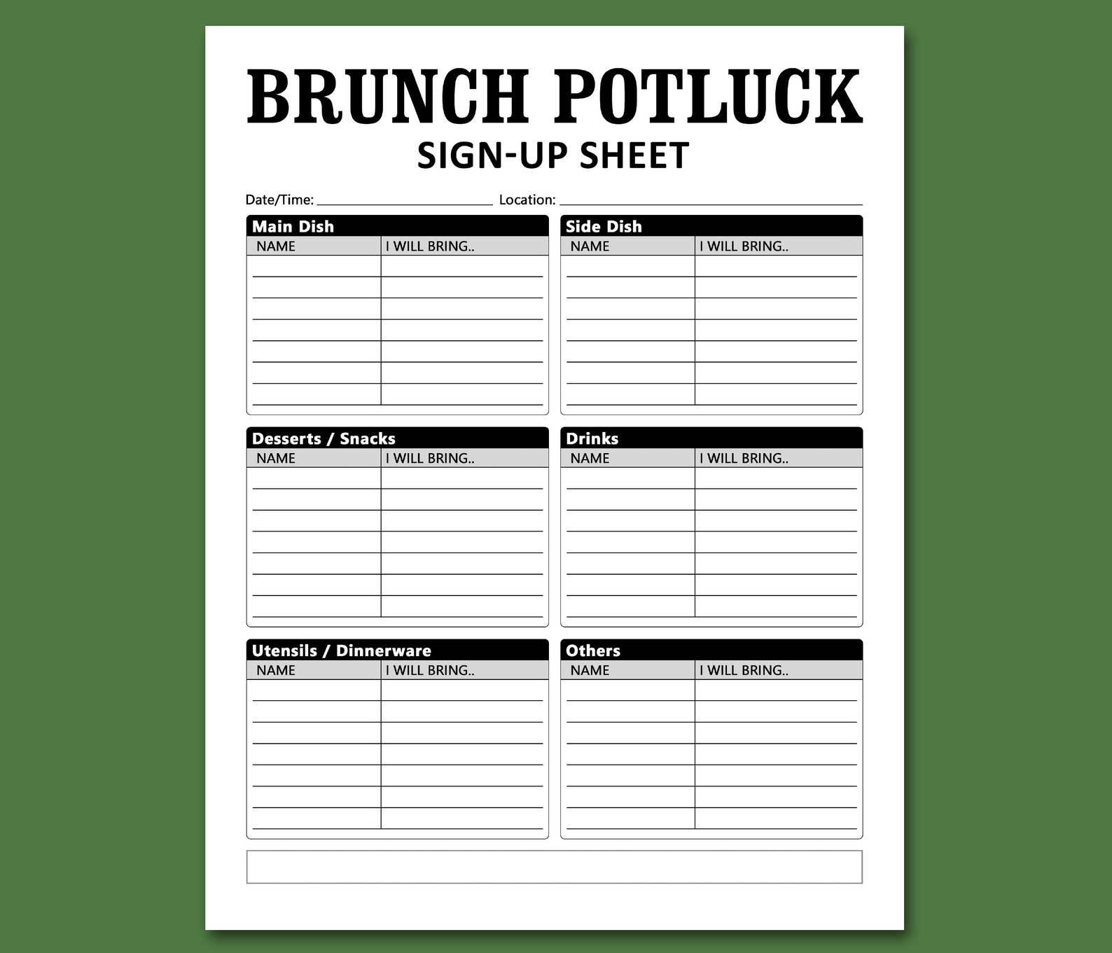Brunch Potluck Sign up Sheet Printable Template Morning Noon - Etsy