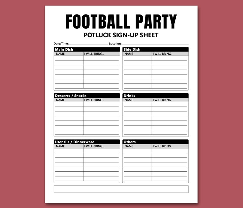 Football Party Potluck Sign Up Sheet Printable Potluck Dinner Etsy 