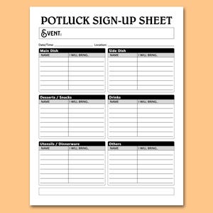 Op de afbeelding: Een zwart-wit potluck inschrijfformulier met secties voor hoofdgerechten, bijgerechten, desserts, drankjes, keukengerei en andere items. Het formulier bevat ruimte voor namen en wat mensen meebrengen.