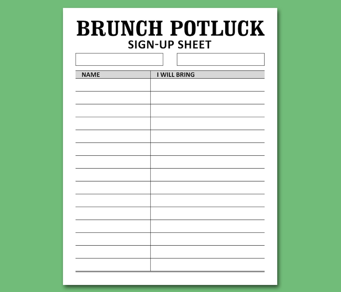 Brunch Potluck Sign up Sheet Printable Template, Morning Noon ...