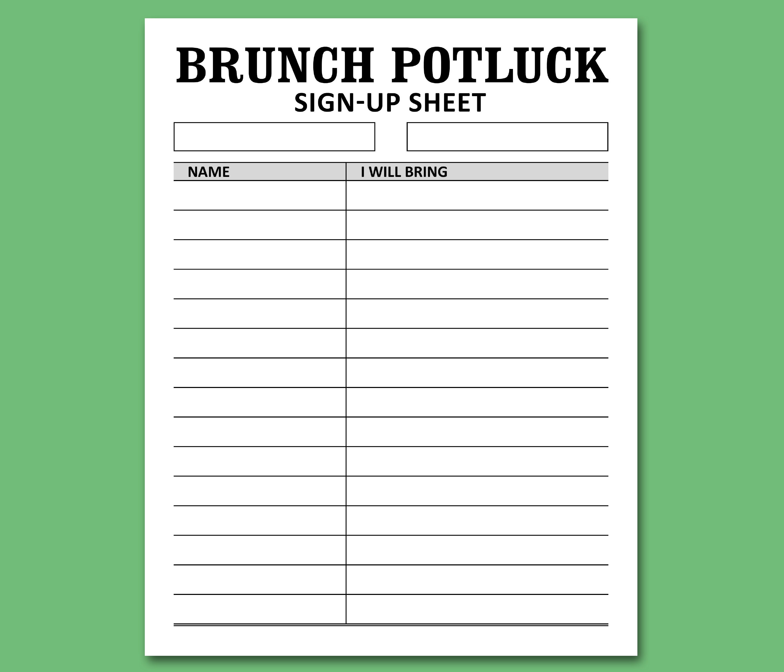 Brunch Potluck Sign up Sheet Printable Template, Morning Noon ...