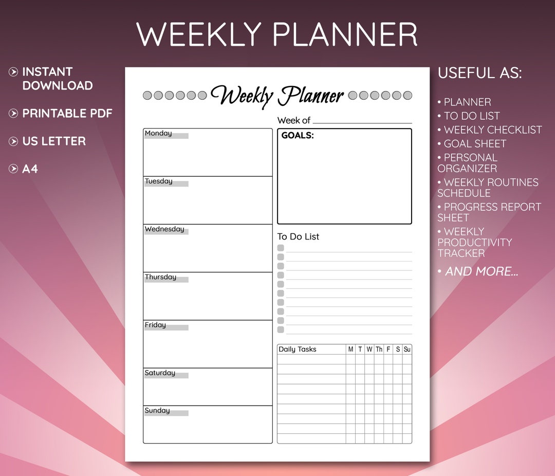 WEEKLY PLANNER Printable, Weekly to Do List, Organizer, Checklist ...