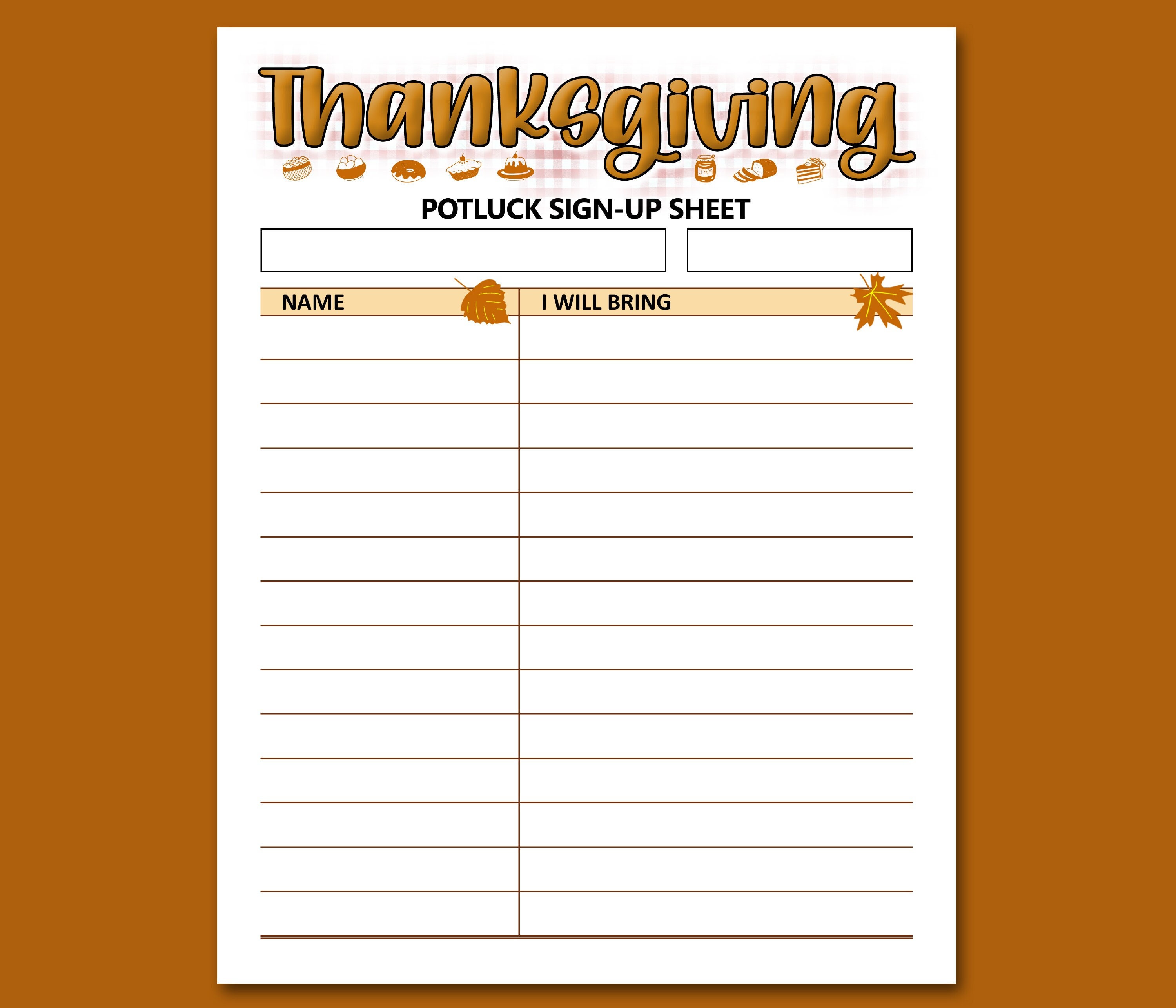 thanksgiving potluck sign up sheet printable form, letter size