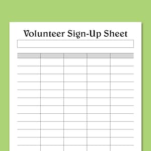 VOLUNTEER Sign Up Sheet Printable PDF Letter Size, Blank Signup Sheet for Volunteers, Jobs, Activity, Projects, Team, Instant Download