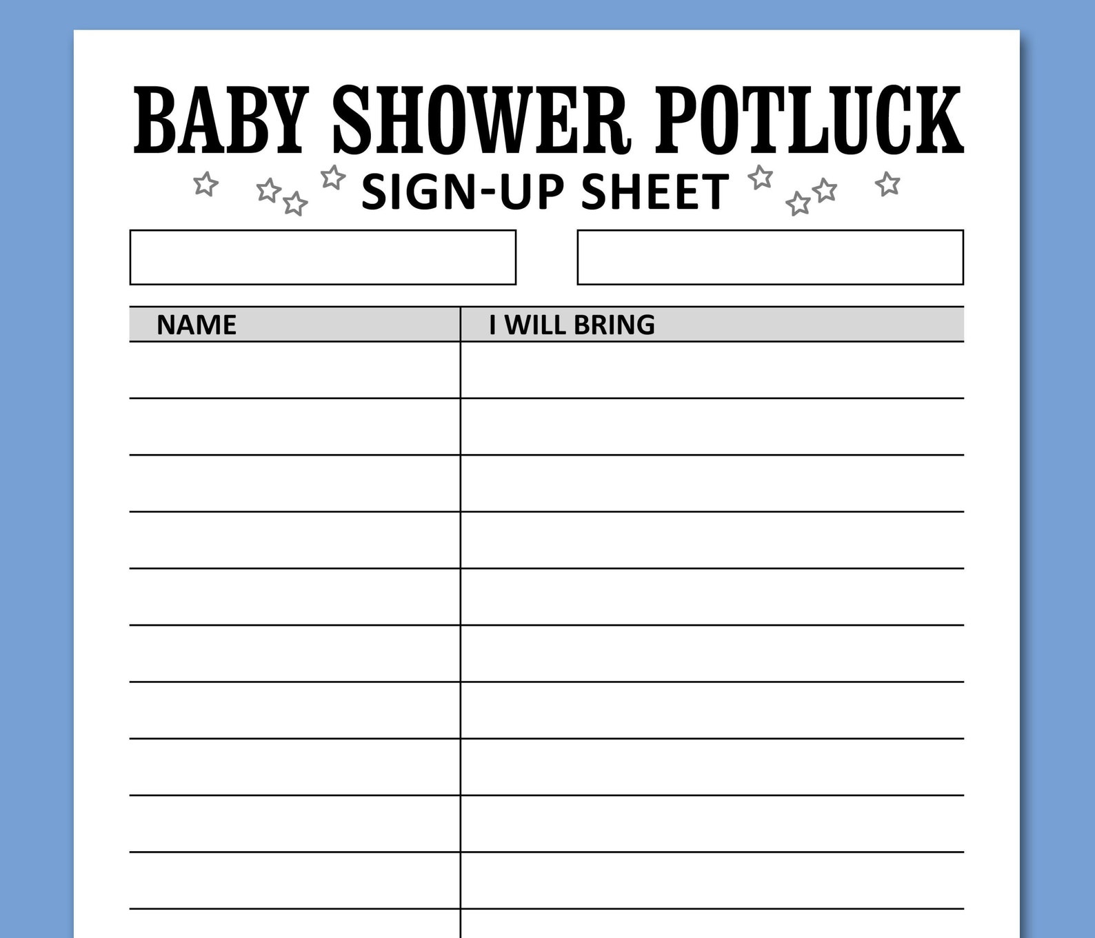 Baby Shower Potluck Sign up Sheet Printable Template, Brunch Dinner