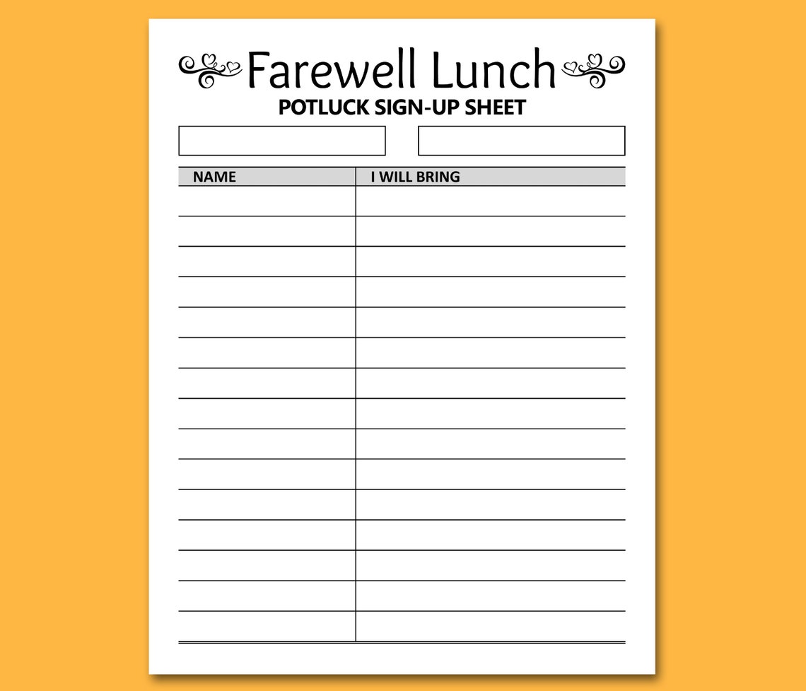 Farewell Lunch Potluck Sign up Sheet PRINTABLE Goodbye Party - Etsy