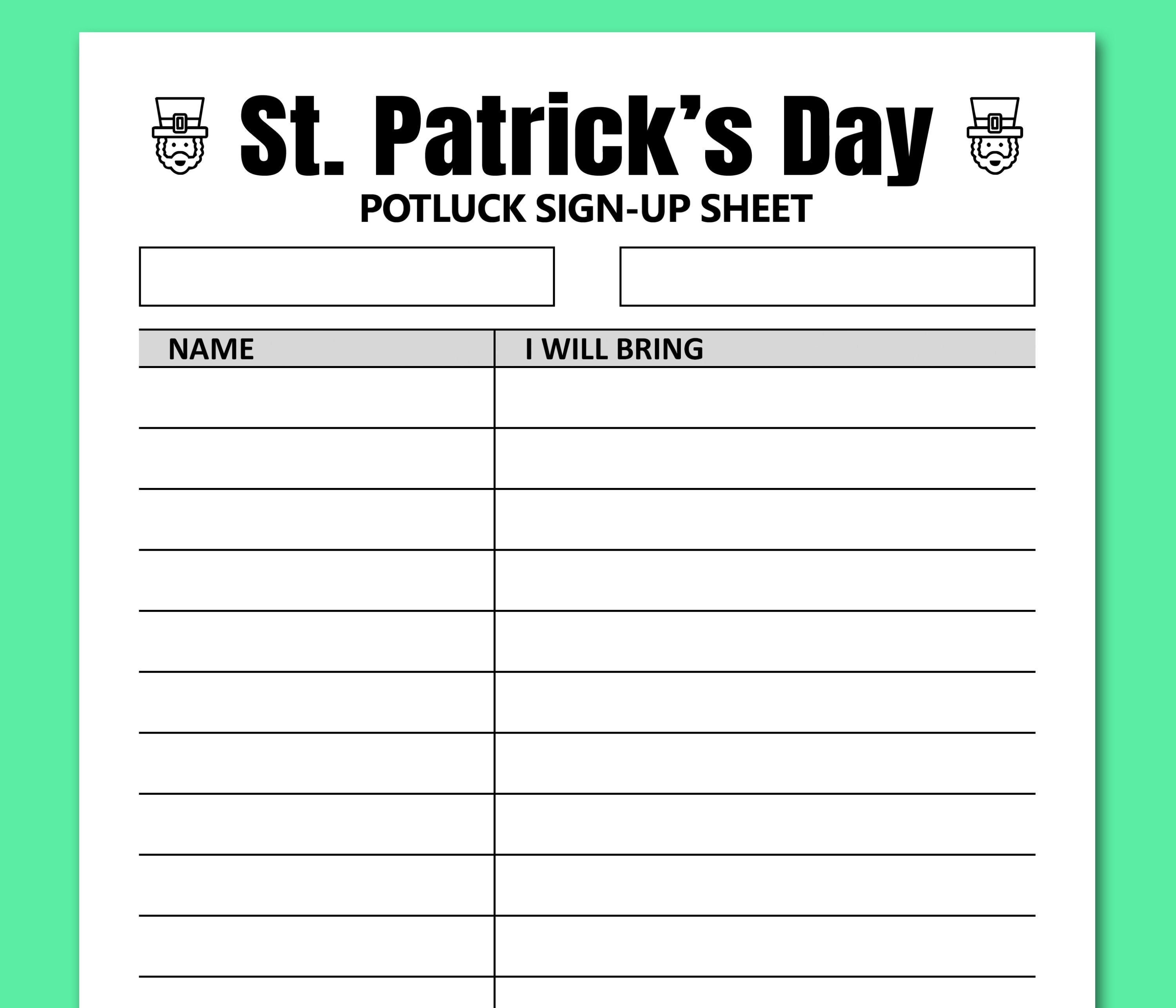 St. Patrick's Day Potluck Sign up Sheet Printable Signup Etsy Ireland
