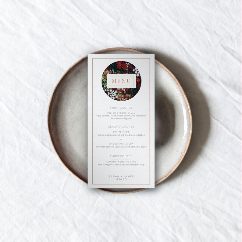 Printable Wedding Menu Template Fall Winter Dark Botanical