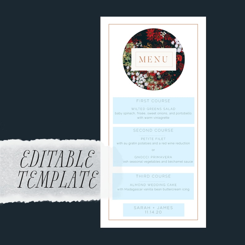 Printable Wedding Menu Template Fall Winter Dark Botanical