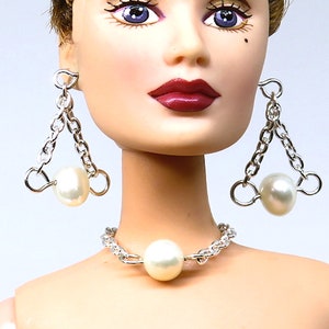 Fashion Doll Jewelry Pearl and Chain Necklace and Earring Set for Barbie, Fashion Royalty and Other Fashion Dolls