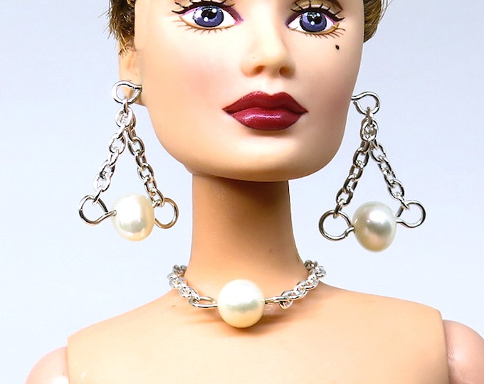 Fashion Doll Jewelry Pearl and Chain Necklace and Earring Set for Barbie, Fashion Royalty and Other Fashion Dolls