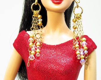 Fashion Doll Jewelry Brass Chain and Swarovski Crystal Earrings for Barbie, Fashion Royalty and Other Fashion Dolls