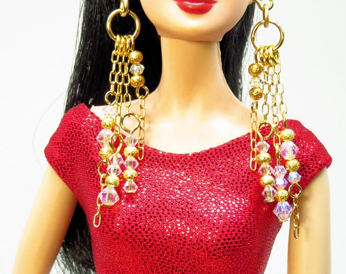 Fashion Doll Jewelry Brass Chain and Swarovski Crystal Earrings for Barbie, Fashion Royalty and Other Fashion Dolls