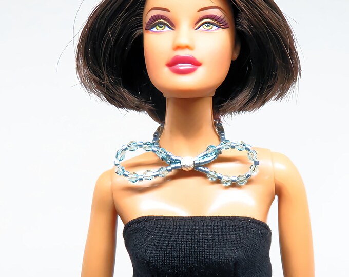 Fashion Doll Jewelry Aqua Crystal Bow Necklace for Barbie, Fashion Royalty and Other Fashion Dolls