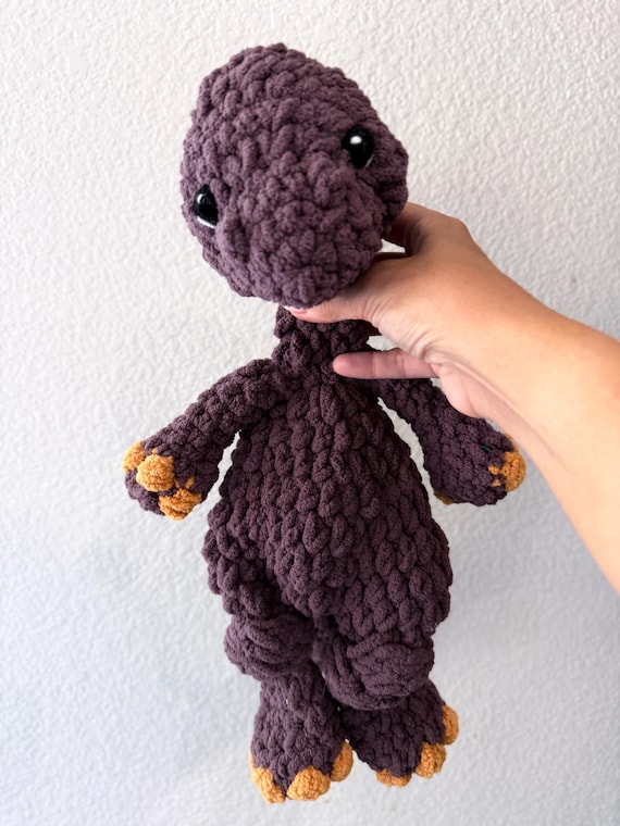 Handmade Chenille Dinosaur Snuggler – Long Neck Plush Toy, Embroidered Eyes, Plum Purple Lovey