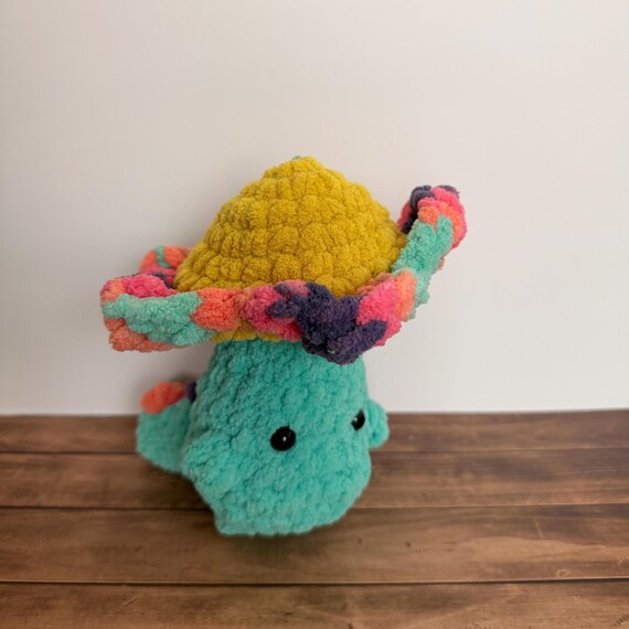 Crocheted Dinosaur Plush with Mushroom Hat | Chenille Bag Charm Keychain