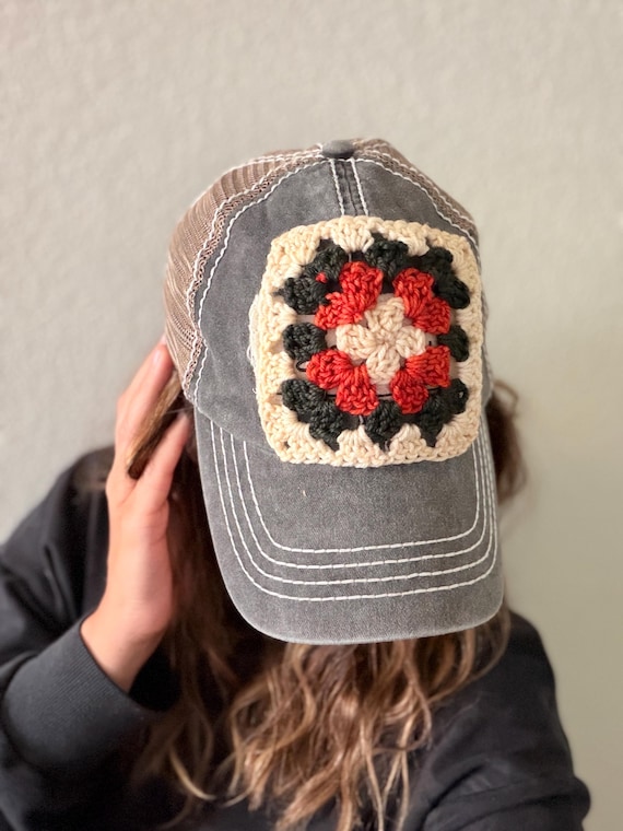 Granny Square Crochet Distressed Baseball Cap | Custom Color Trucker Hat