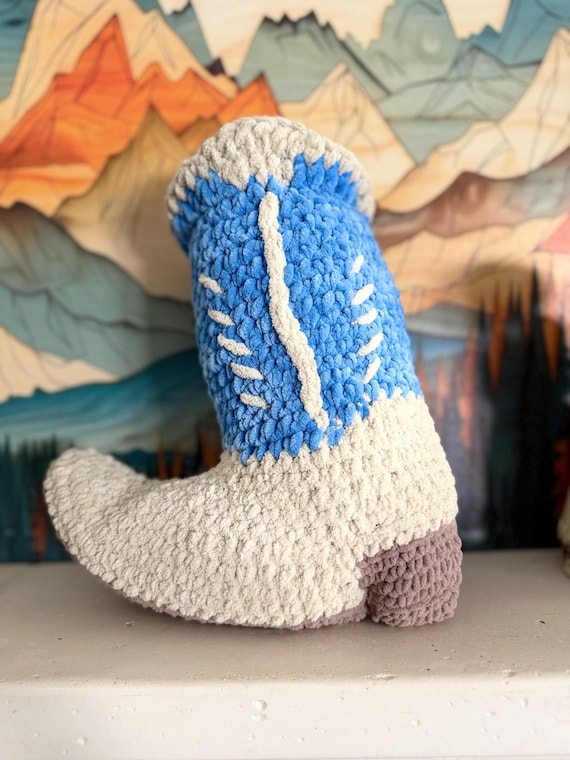 Crochet Cowboy Boot Plush, Blue Cream Western Shelf Decor, Handmade Soft Plushie