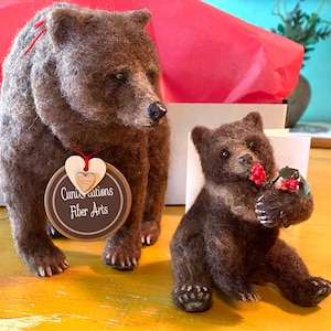 Needle Felted Grizzly Bear Mama and Cub Made-to-Order, Woodland Animal, Fiber Art, One of a Kind, Unique, Nature Decor image 1