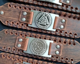 Talisman Icelandic leather bracelet Vegvisir, Mjolnir Thor, Yggdrasill, Odin, Viking Runic Alphabet,wolf head, wolf footprint
