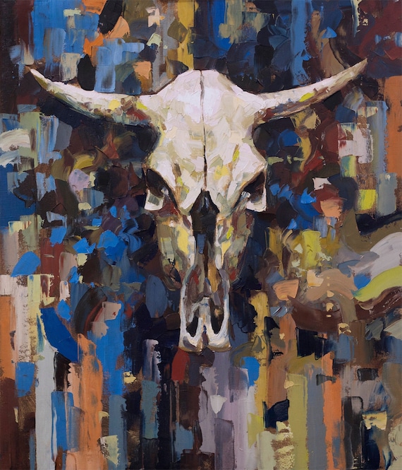 Original Cow skull oil painting abstract Cow skull on canvas Etsy