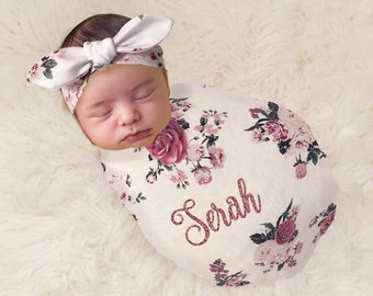 Personalized Swaddle Set Blanket and Headband Pink Floral Monogrammed For Baby Girl