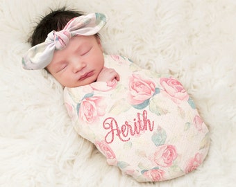 Personalisierte Swaddle Decke und Stirnband Set Rose Floral Monogrammed für Baby-Mädchen-Decke Babydecke
