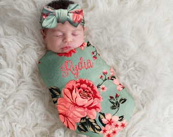 DPSKY Newborn Baby Swaddle Blanket with Knotted Headband Set Baby Shower Floral Swaddling Wrap