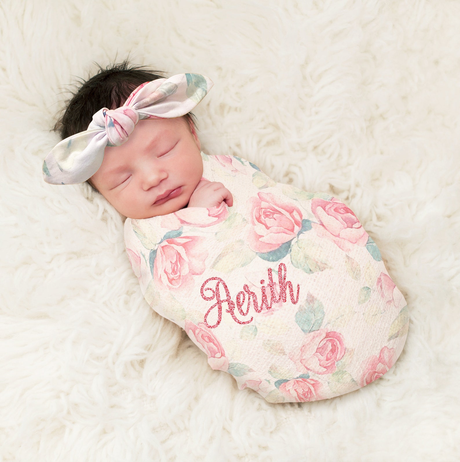 Personalized Swaddle Blanket and Headband Set Rose Floral Monogrammed