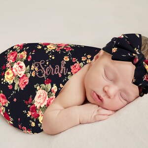 Swaddle Set Girl Personalized Blanket and Headband Set Vintage Navy Floral Monogrammed For Baby Girl Blanket Baby Blanket