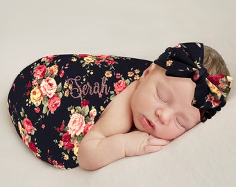 Personalisierte Baby Swaddle Decke & Stirnband Set, Navy Floral