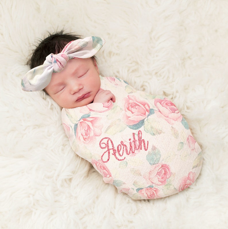 Personalized Swaddle Blanket and Headband Set Rose Floral Monogrammed