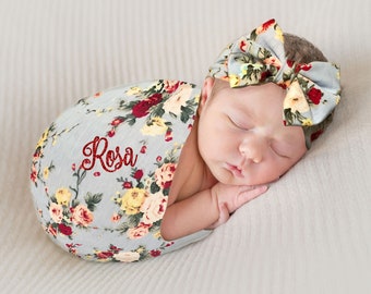 Baby Swaddle Set: Vintage Blau Blümchen Decke & Stirnband