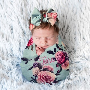 Swaddle Set Girl Personalized Photoshoot Swaddle Blanket and Headband Pink and Light Blue Floral Monogrammed for Baby