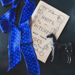 May include: A royal blue scarf with a horseshoe pattern, a small black horse figurine, and a book titled "Knots & Hitches and Their Uses" by John Sharpe. The items are arranged on a dark surface.