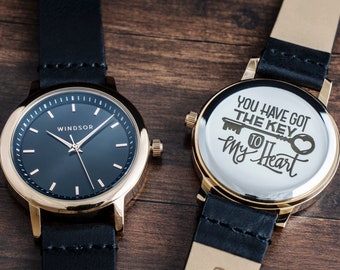 Rose Gold Womens Watch: Engraved Leather Band, Valentine's Gift