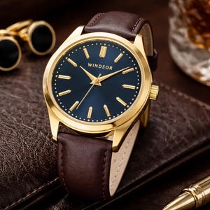 May include: A gold-toned Windsor watch with a dark blue face and brown leather band. The watch has gold hands and markers. A pair of gold cufflinks with black centers and a gold pen are also visible.