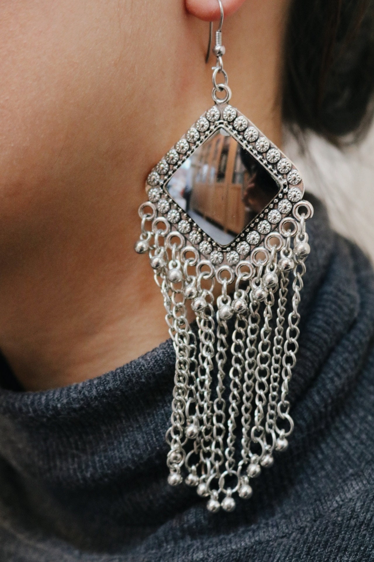 ElectricBazaarStudio Traditonal Style Indian Diamond Design Embossed Oxidised Silver Rajasthani Mirror Shisha Earrings with Jingling Bells and Chains Tassels