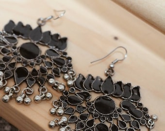 Meenakari Handpainted Lotus Flower Black / Navy Enamelled Bell Embellished Earrings: Indian Bollywood Desi Style