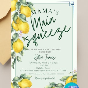 Mama&#39;s Main Squeeze Baby Shower Invitation | Lemon Theme | Elegant Editable Digital Download