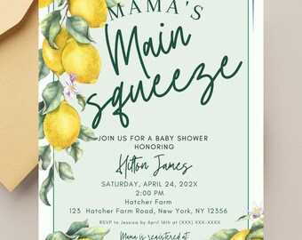 Mammas stora squeeze-inbjudan till babyshowern | Citrontema | Elegant redigerbar digital nedladdning