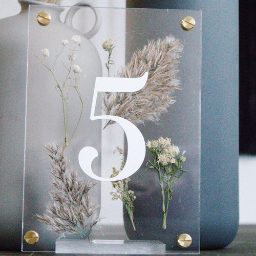 Pressed Flower Acrylic Table Numbers Custom Wedding Signage Etsy