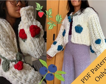 PDF PATTERN extension: Appliques the Blueberry+Strawberry Vine Cardigan | Finger Knitting Pattern, Chunky Cardigan Pattern, Alize EZ Pattern