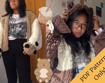 PDF PATTERN bundle: the Bear and Boba Cardigan | Finger Knitting Pattern, Chunky Cardigan Pattern, Alize EZ Pattern, bubble tea sweater