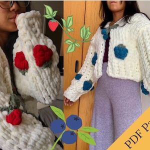 PDF PATTERN extension: Appliques the Blueberry+Strawberry Vine Cardigan | Finger Knitting Pattern, Chunky Cardigan Pattern, Alize EZ Pattern
